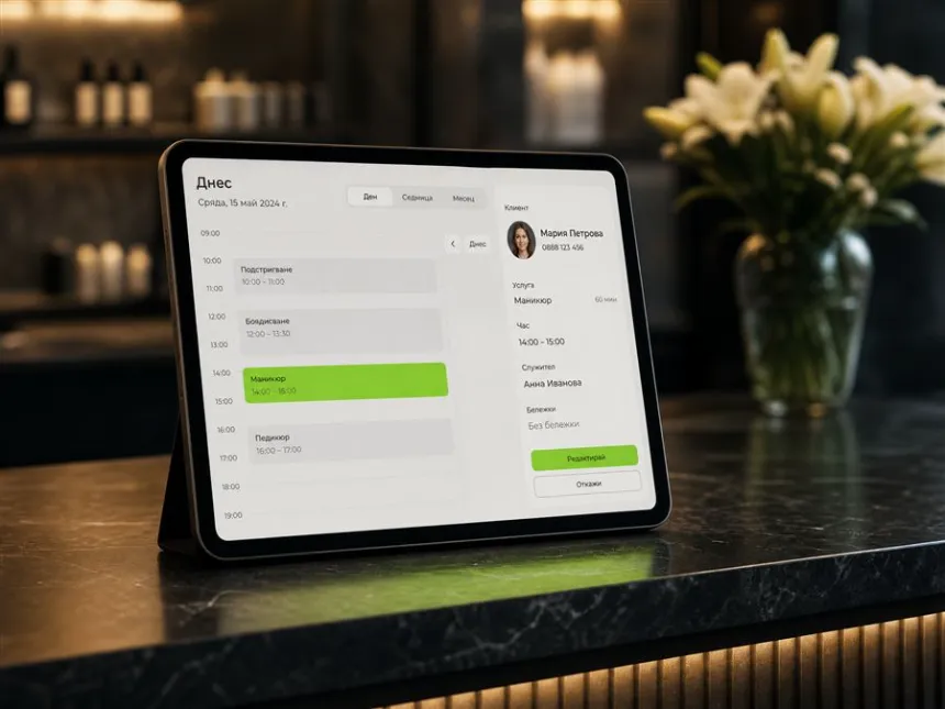 Календар в CRM с резервиран час и данни за клиента