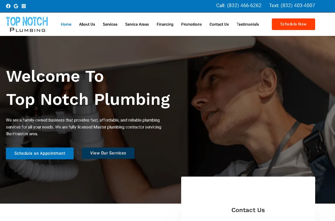 Началната страница на сайта на Top Notch Plumbing